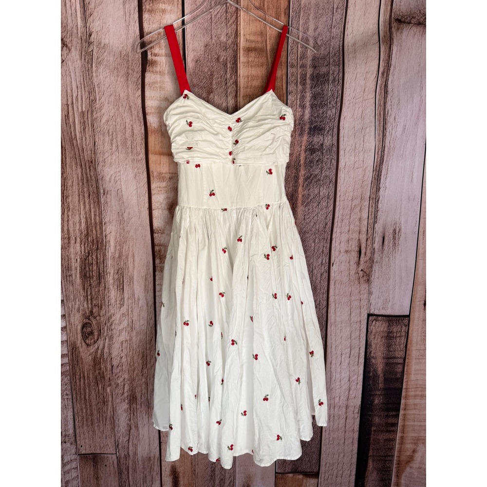 Unique Vintage Cherry Embroidered Fit & Flare Midi Dress Rockabilly Pinup Medium